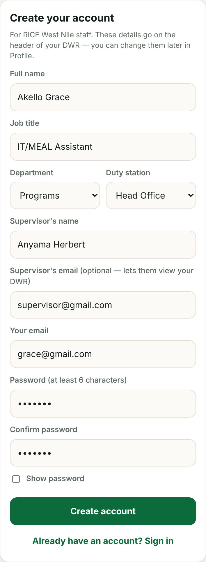 Create account form